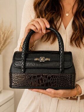 Brighton Wallis Mini Satchel Black Pebbled Leather Brown Croc Embossed Bag
